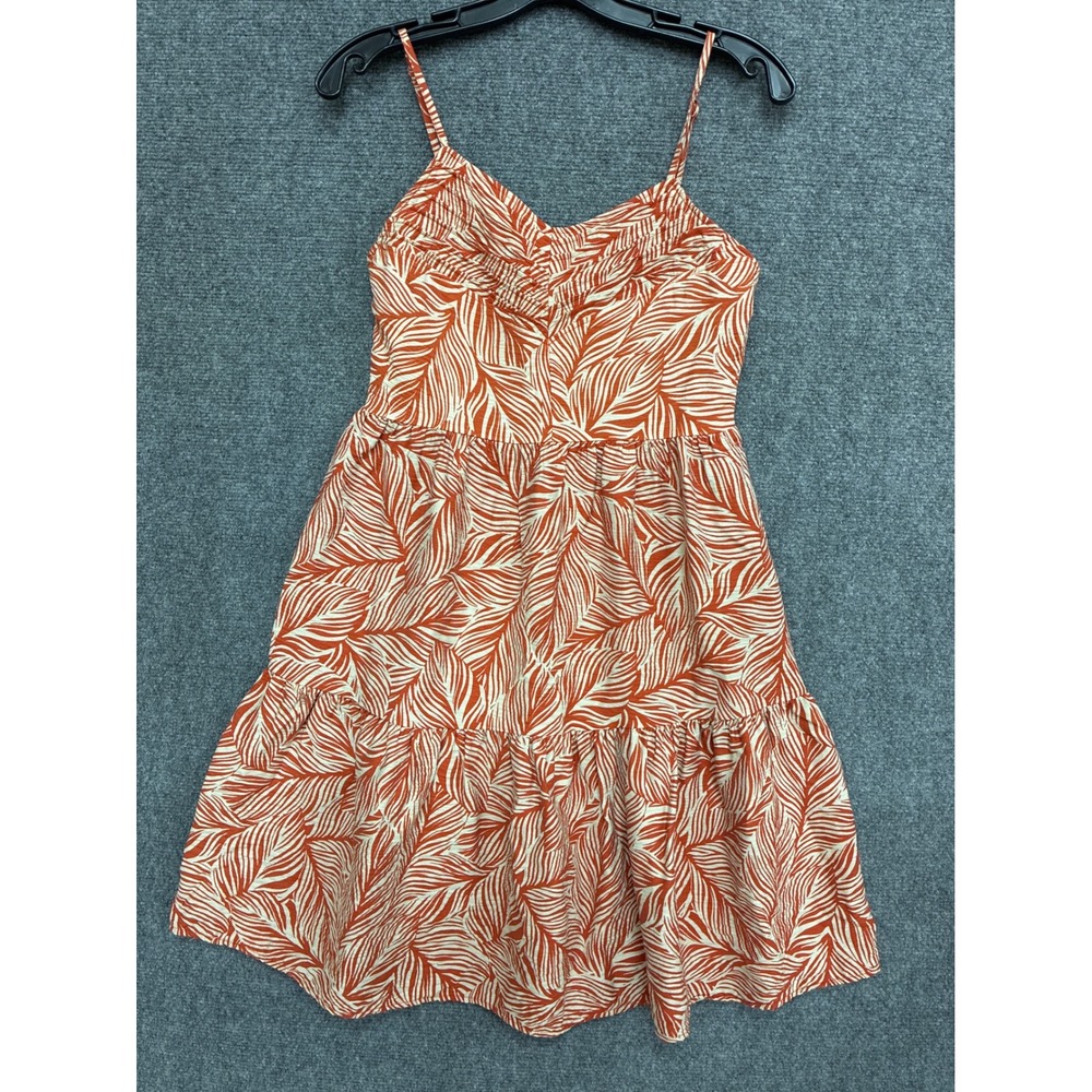 Apricot‎ Rust Orange Palm Leaf Print Tiered Mini Dress Smocked Back US 4